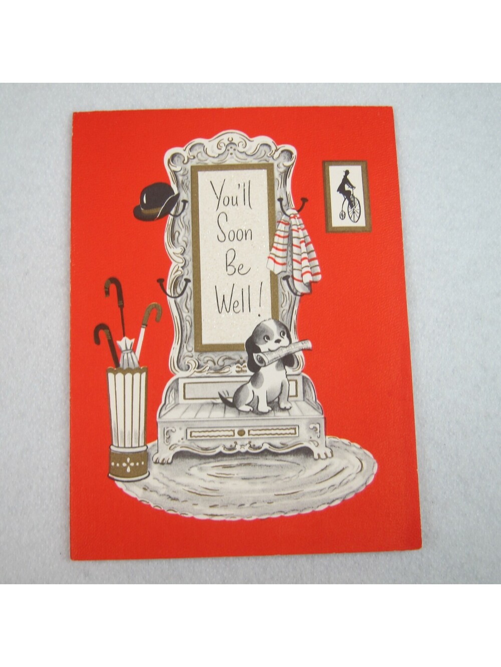 Antique Get Well Soon Greeting Card 1860s Hall Tree Bowler Hat High Wheel & Dog